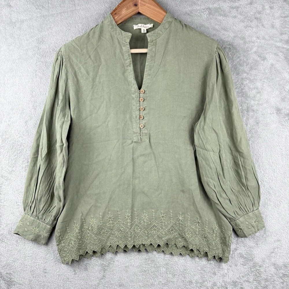 Solitaire Blouse Womens XL Button Front Top Embroidered Tencel‎ Moss Green Boho